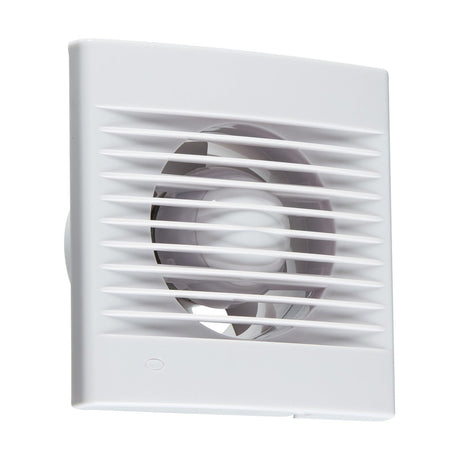 The 100mm/4" Extractor Fan With Overrun Timer features a white square wall-mounted design, with horizontal slats that cleverly conceal the internal fan blade. Its simple and modern aesthetic makes it an ideal choice for bathroom ventilation, effectively assisting in the removal of damp air.