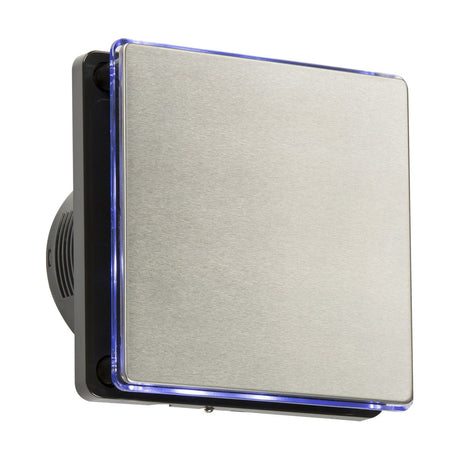 Introducing the 100mm/4" LED Backlit Extractor Fan With Overrun Timer - Stainless Steel, a contemporary fan boasting a minimalist square faceplate. The stainless steel design is complemented by a vibrant blue LED array backlight, making it ideal for modern kitchens and adding sophistication against a plain white background.