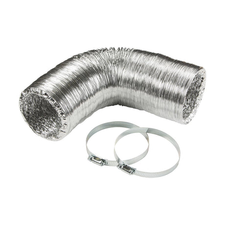 The Aluminium Ducting Hose - 3.3m x 100mm, featuring a flexible and ribbed design bent at a right angle with a diameter of 100mm, includes two adjustable and smooth jubilee clips.