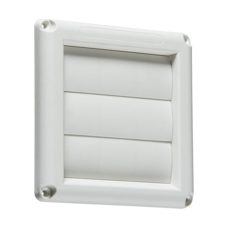 The 100mm/4" Gravity Shutter in white features a square design with three horizontal slats, intended for wall mounting and preventing backdraughts. It has a minimalist smooth frame with rounded corners and screws at each corner, making it an ideal match for a 4 inch fan system.