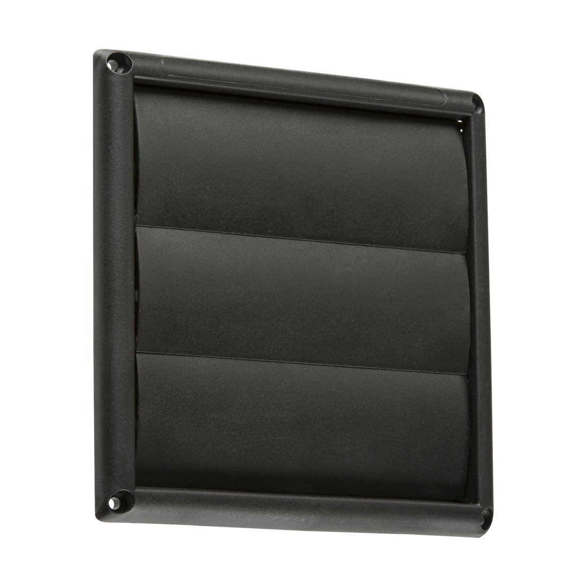 The image shows the 100mm/4" Gravity Shutter - Black, featuring a sleek and modern design with horizontal slats for backdraught prevention. It includes four corner holes for mounting, making it perfect for use with 4 inch/100mm fan ducting systems.