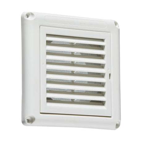 A white 100mm/4" extractor fan vent with a flyscreen, featuring horizontal slats and a mesh screen, mounted on the wall. The design includes rounded corners that enhance its appearance while allowing airflow and preventing debris from entering.