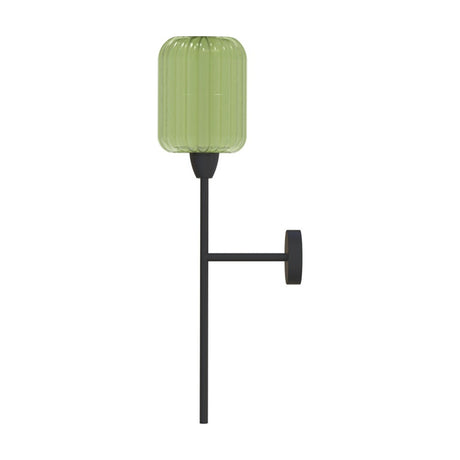 Greenberry Cylinder Ribbed Glass Wall Light with a single green ribbed glass cylinder shade on a slim black iron rod and round backplate, shown against a plain white background.