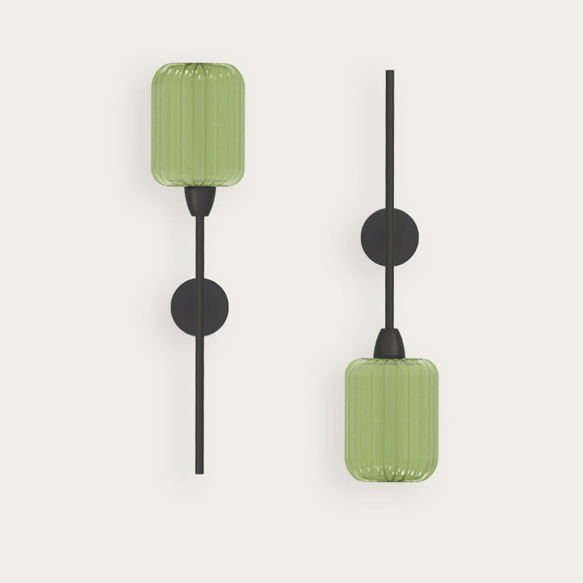 Greenberry Cylinder Ribbed Glass Wall Light shown in two mounting orientations, with a green ribbed glass cylinder shade, slim black iron rod and round backplate, on a plain light background.