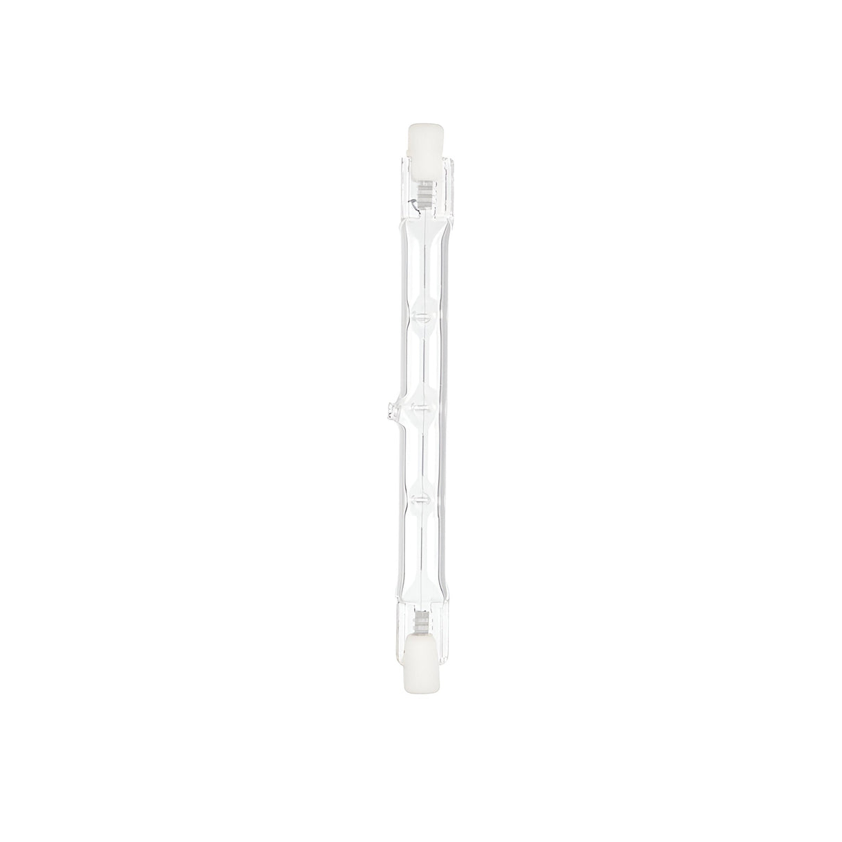 120W R7s halogen bulb, double-ended linear glass tube with white ceramic end caps, warm white dimmable lamp on a plain white background.