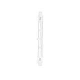120W R7s halogen bulb, double-ended linear glass tube with white ceramic end caps, warm white dimmable lamp on a plain white background.
