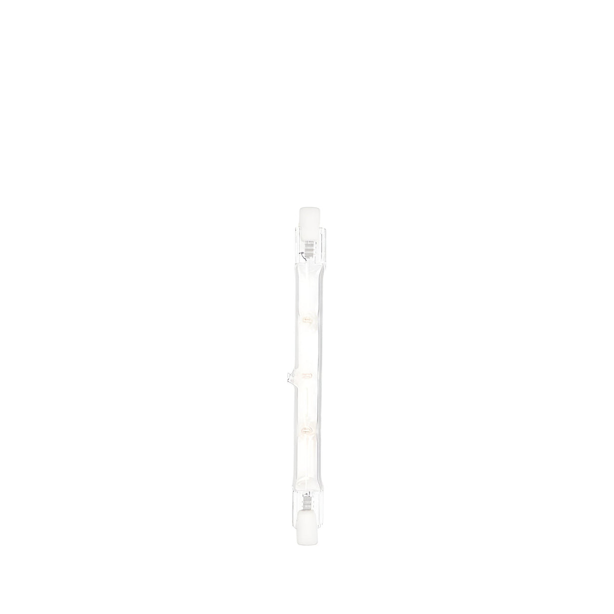 120W R7s double-ended linear halogen bulb with clear glass tube and R7s contact caps at each end, shown against a plain white background.