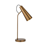 Endon Brockleigh industrial task table lamp in antique brass with adjustable conical head, slim stem, round base and black fabric flex, on a white background.