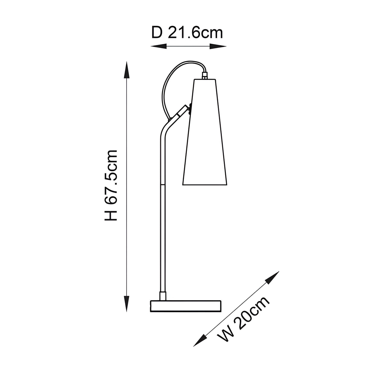 Endon Brockleigh dimension diagram showing an antique brass table lamp with adjustable head, 675mm height, 200mm width and 216mm depth.