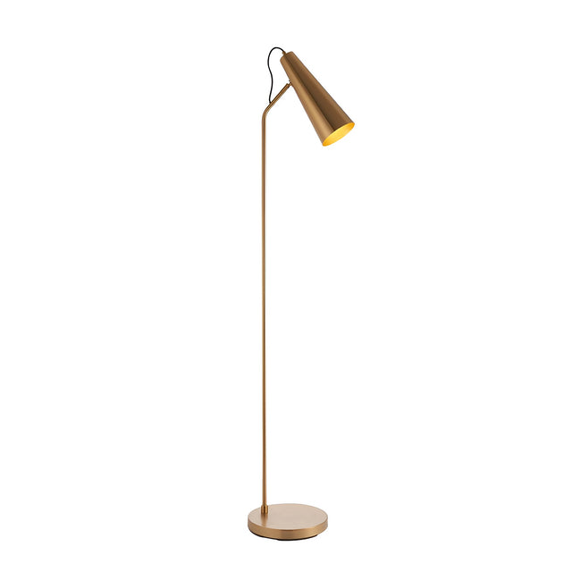 Brockleigh Task Floor Lamp in antique brass with an angled cone shade, slim curved stem and round base, shown on a plain white background.