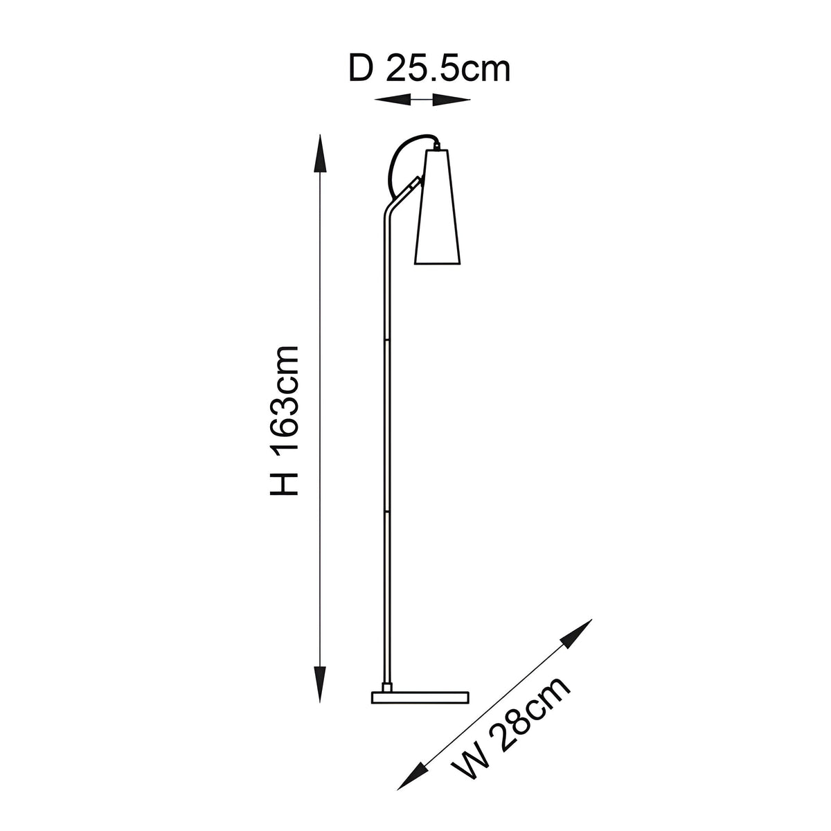 Line drawing of the Brockleigh Task Floor Lamp in antique brass with a curved adjustable head, slim pole, and square base, H163cm D25.5cm W28cm.
