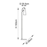 Line drawing of the Brockleigh Task Floor Lamp in antique brass with a curved adjustable head, slim pole, and square base, H163cm D25.5cm W28cm.