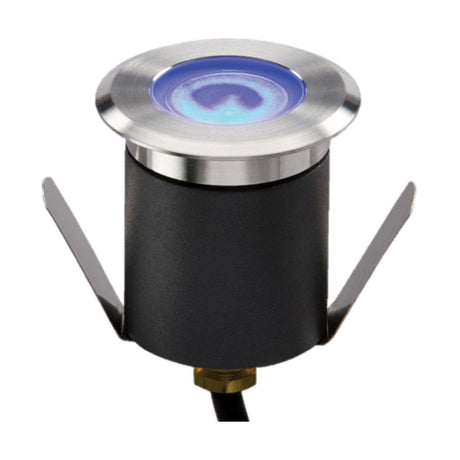 The Outdoor 1.5W Blue LED Mini Ground Light With Cable features a circular design with a stainless steel bezel and a black cylindrical body that provides blue illumination in the center. Engineered for durability with an IP65 rating, it includes two metallic legs for effortless installation.