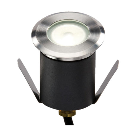 The Outdoor 1.5W 4000K LED Mini Ground Light With Cable features a stylish LED recessed garden design with a round, 304 stainless steel bezel and black cylindrical housing. It includes two adjustable mounting brackets, making it an ideal outdoor lighting solution for focused illumination in gardens or as an LED driveway light.