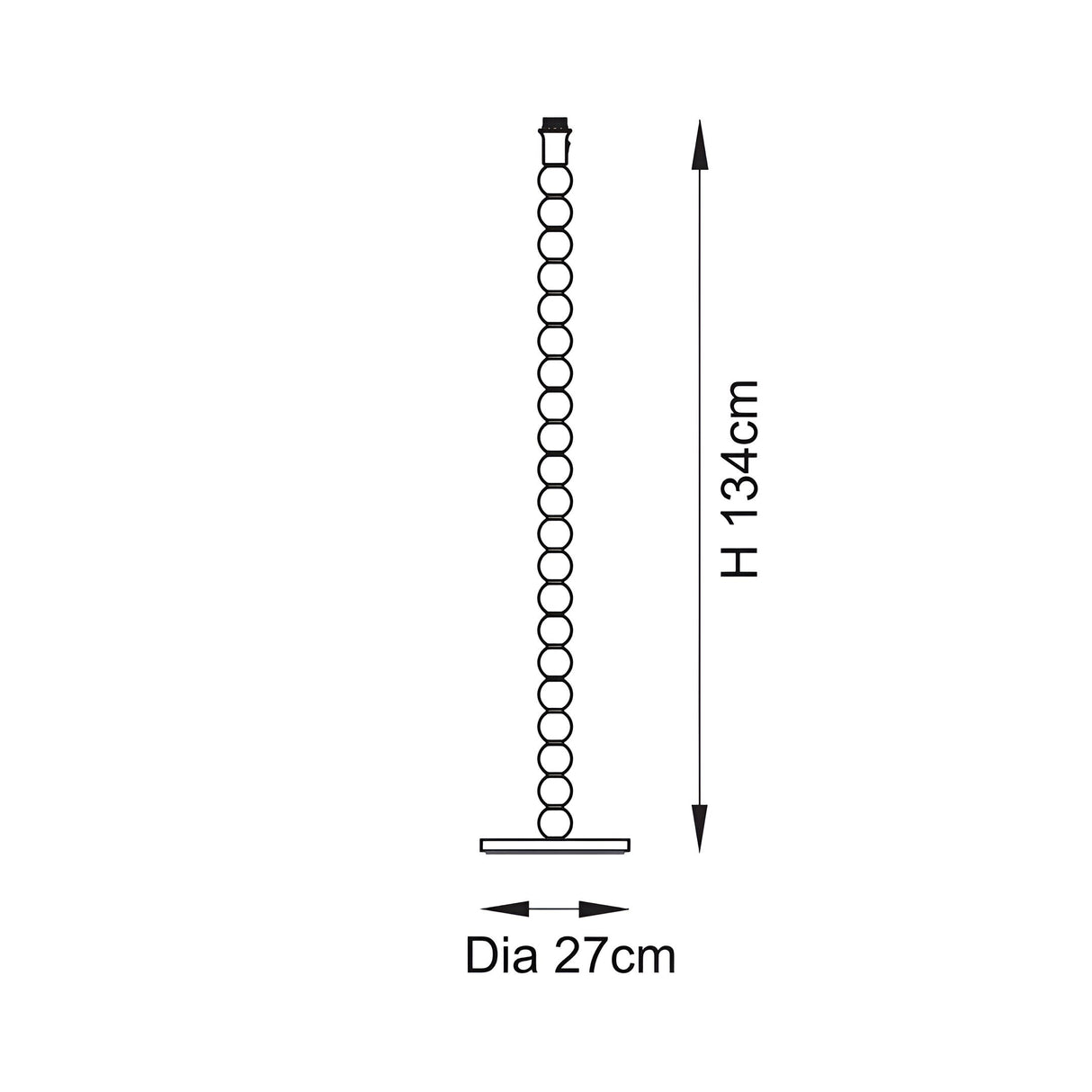 Dimension diagram of the Endon Ashwood floor lamp base showing 134cm height and 27cm diameter on a plain white background.