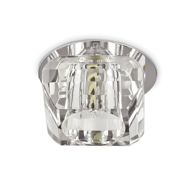 Close-up of the Look-1 Crystal Flush Light - Clear, showcasing its modern geometric design with a visible light bulb at its center. This luxury lighting fixture is mounted on a metallic base, bringing an elegant touch to any space.