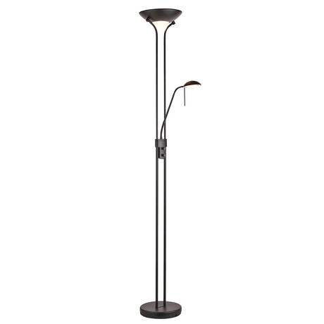 Endon Cliffcombe mother and child floor lamp in matt black with an opal glass uplighter shade and adjustable reading arm, on a plain white background.
