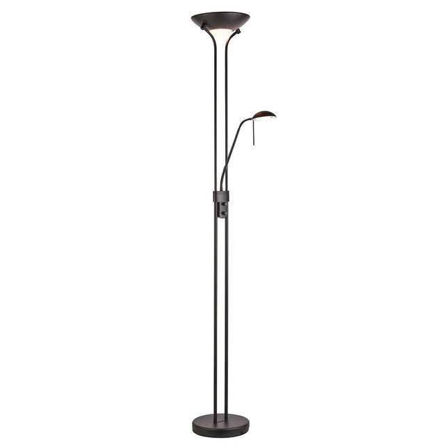 Endon Cliffcombe mother and child floor lamp in matt black with an opal glass uplighter shade and adjustable reading arm, on a plain white background.