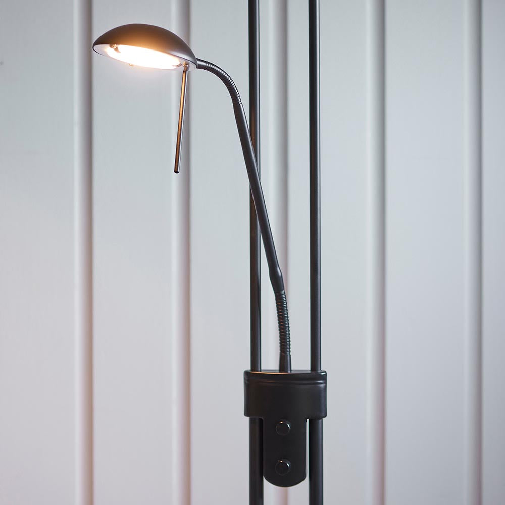 Close-up of the Endon Cliffcombe adjustable reading arm in matt black, with flexible gooseneck head and dual rotary dimmer switches on the stem.