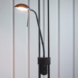 Close-up of the Endon Cliffcombe adjustable reading arm in matt black, with flexible gooseneck head and dual rotary dimmer switches on the stem.