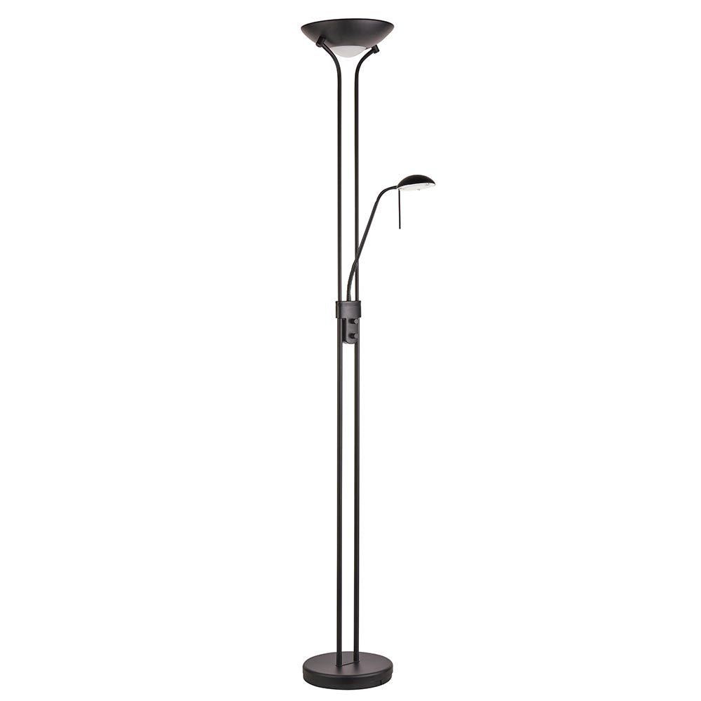 Endon Cliffcombe mother and child floor lamp in matt black with opal glass uplighter shade and adjustable reading arm on a round base.