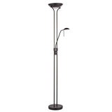 Endon Cliffcombe mother and child floor lamp in matt black with opal glass uplighter shade and adjustable reading arm on a round base.
