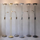 Endon Cliffcombe mother and child floor lamps in six finishes, with matt black on the right next to chrome, brass, and brushed metal options.