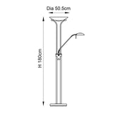 Technical line drawing of the Endon Cliffcombe mother and child floor lamp with dimensions marked H 180cm and Dia 50.5cm on a white background.