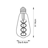 Dimensioned line drawing of the Endon 4W E27 LED filament twist bulb showing a teardrop shape, 14cm height and 6.4cm diameter.