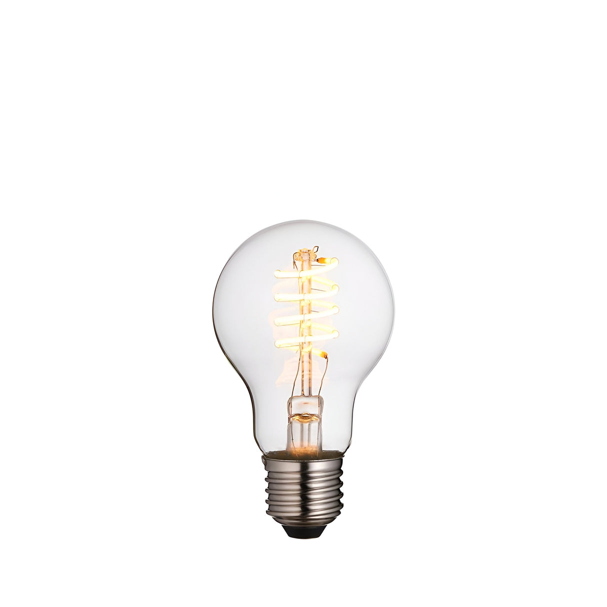 4W E27 LED filament GLS bulb with clear glass, spiral warm white filament and nickel screw base, shown lit against a plain white background.