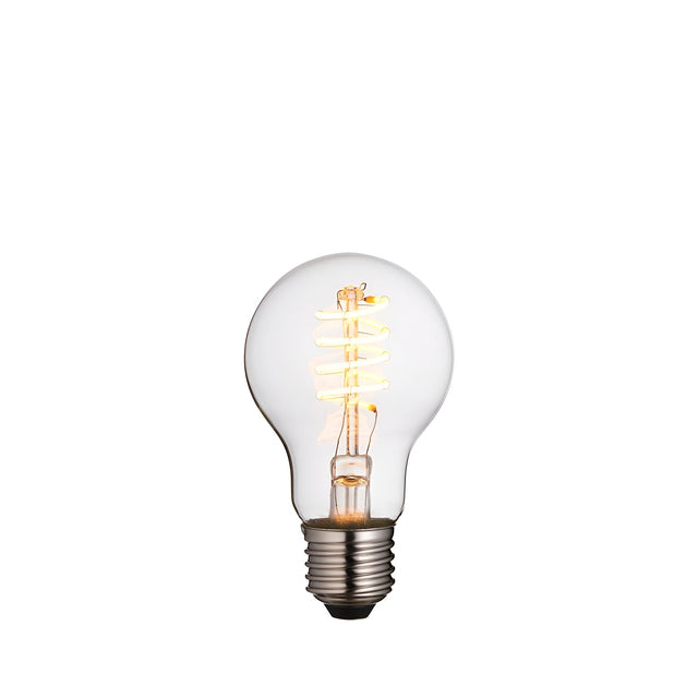 4W E27 LED filament GLS bulb with clear glass, spiral warm white filament and nickel screw base, shown lit against a plain white background.