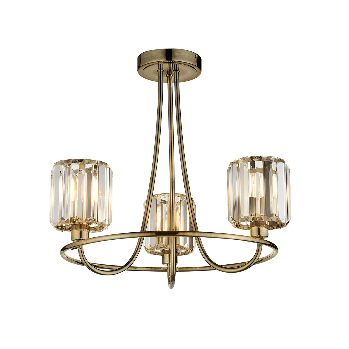 Endon Clementine 3 light semi-flush ceiling light in brass with three faceted glass shades on curved arms, shown on a white background.