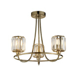 Endon Clementine 3 light semi-flush ceiling light in brass with three faceted glass shades on curved arms, shown on a white background.