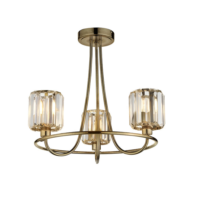 Endon Clementine 3 light semi-flush ceiling light in brass with three faceted glass shades on curved arms, shown on a white background.