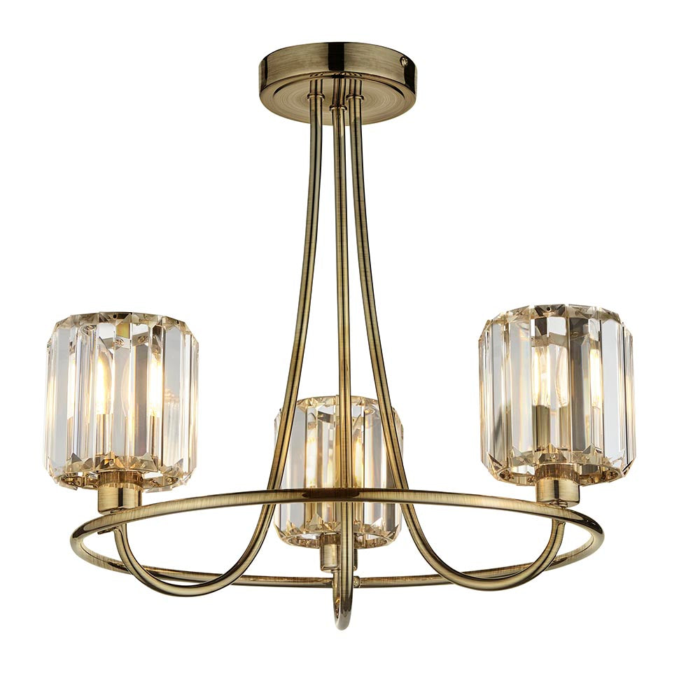 Endon Clementine 3 light semi-flush ceiling light in brass with three faceted glass shades and curved arms, shown on a white background.