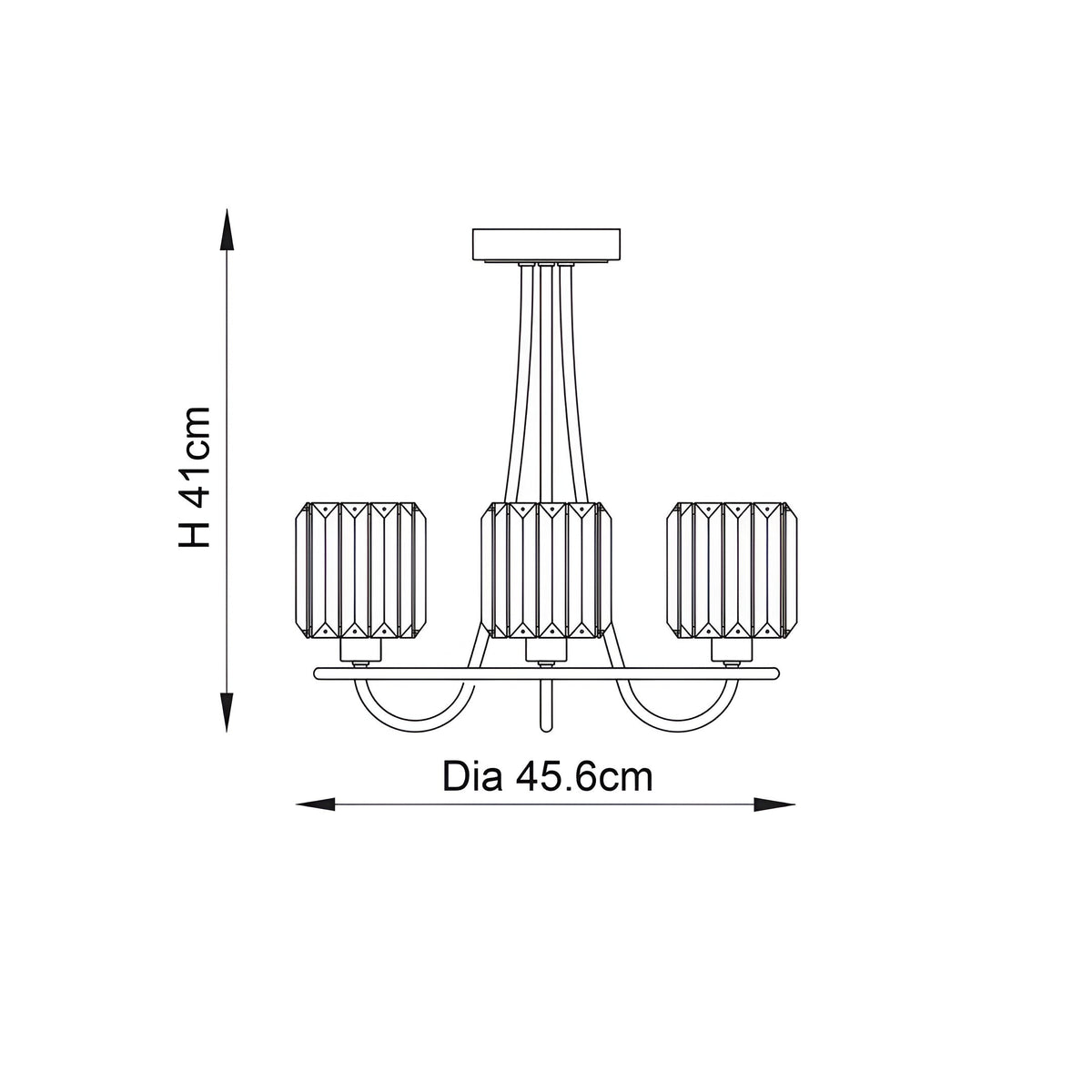 Dimension diagram of the Endon Clementine 3 Light Semi-Flush Ceiling Light in brass, showing 41cm height and 45.6cm diameter on a white background.