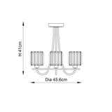 Dimension diagram of the Endon Clementine 3 Light Semi-Flush Ceiling Light in brass, showing 41cm height and 45.6cm diameter on a white background.