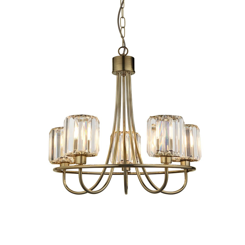 Endon Clementine 5 light pendant in brass with curved arms and clear cut faceted glass shades, suspended from a chain on a white background.