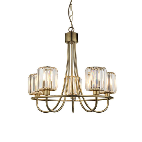 Endon Clementine 5 light pendant in brass with curved arms and clear cut faceted glass shades, suspended from a chain on a white background.