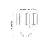 Dimension diagram of the Endon Clementine brass wall light showing height 21.5cm, depth 18.5cm and width 10.5cm on a white background.