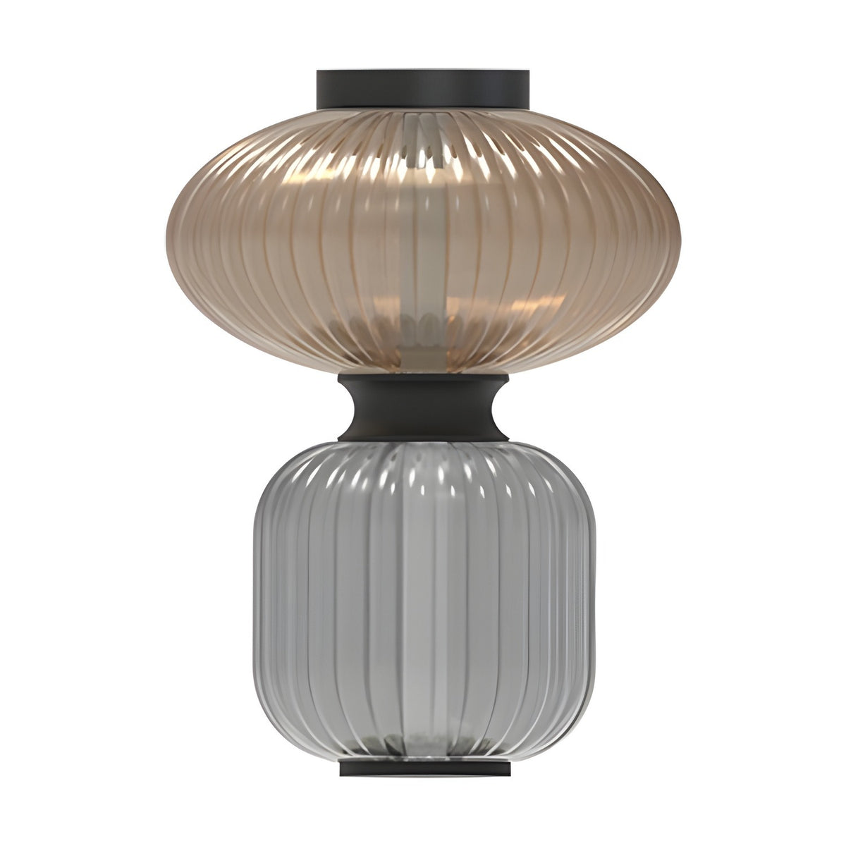 Goldenberry LED Ribbed Glass Flush Ceiling Light with a wide amber dome above a taller grey section, joined by iron collar and bands, shown on a white background.