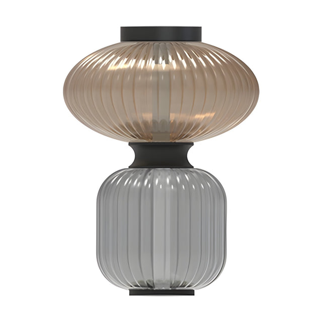 Goldenberry LED Ribbed Glass Flush Ceiling Light with a wide amber dome above a taller grey section, joined by iron collar and bands, shown on a white background.