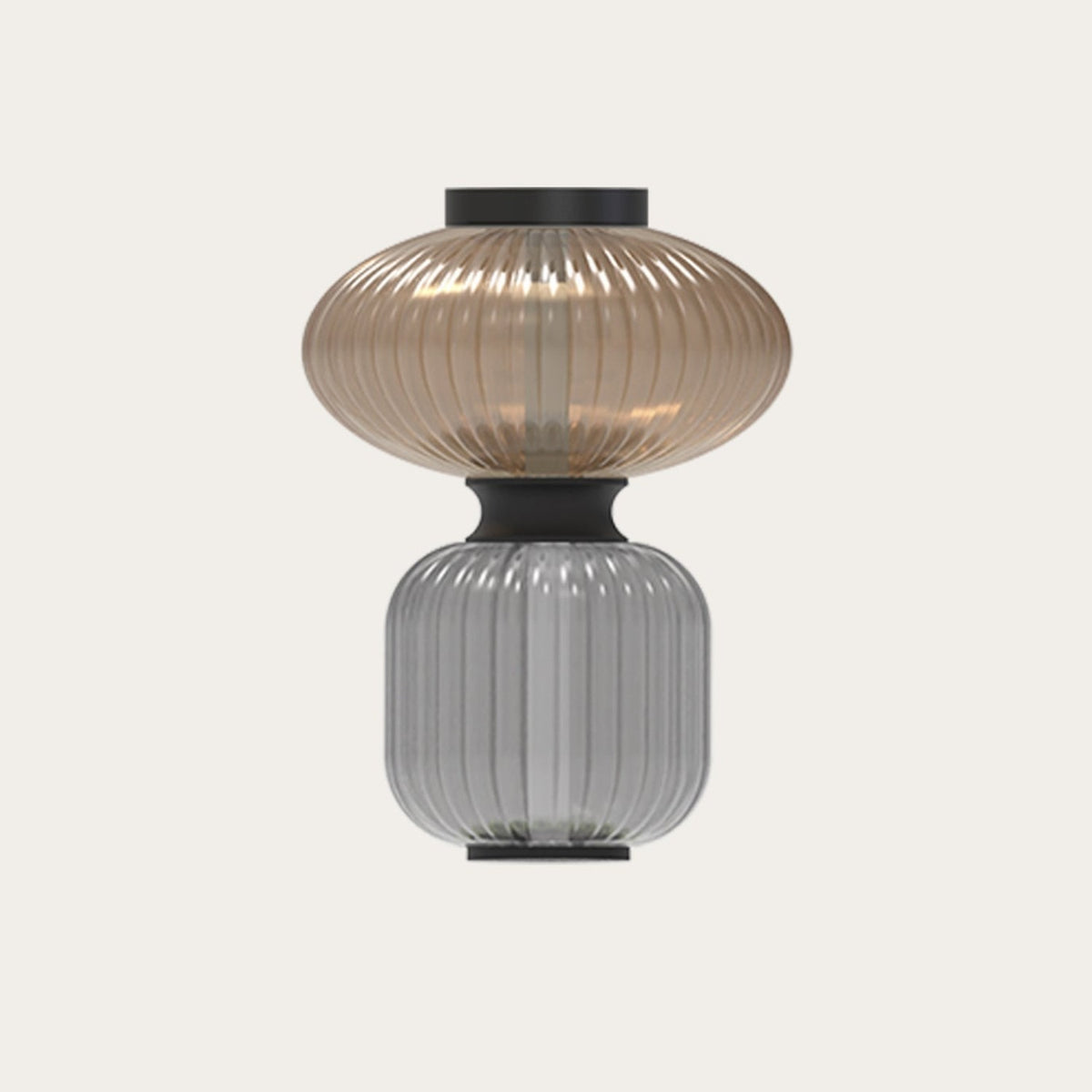 Goldenberry LED Ribbed Glass Flush Ceiling Light with a wide amber dome above a tapered grey base, joined by black iron collars, shown on a plain light background.