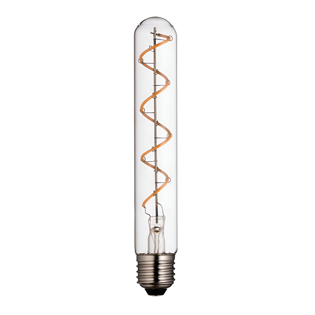 Endon 4W E27 LED filament bulb with a clear tubular glass body, amber spiral filament and silver screw base, shown on a plain white background.