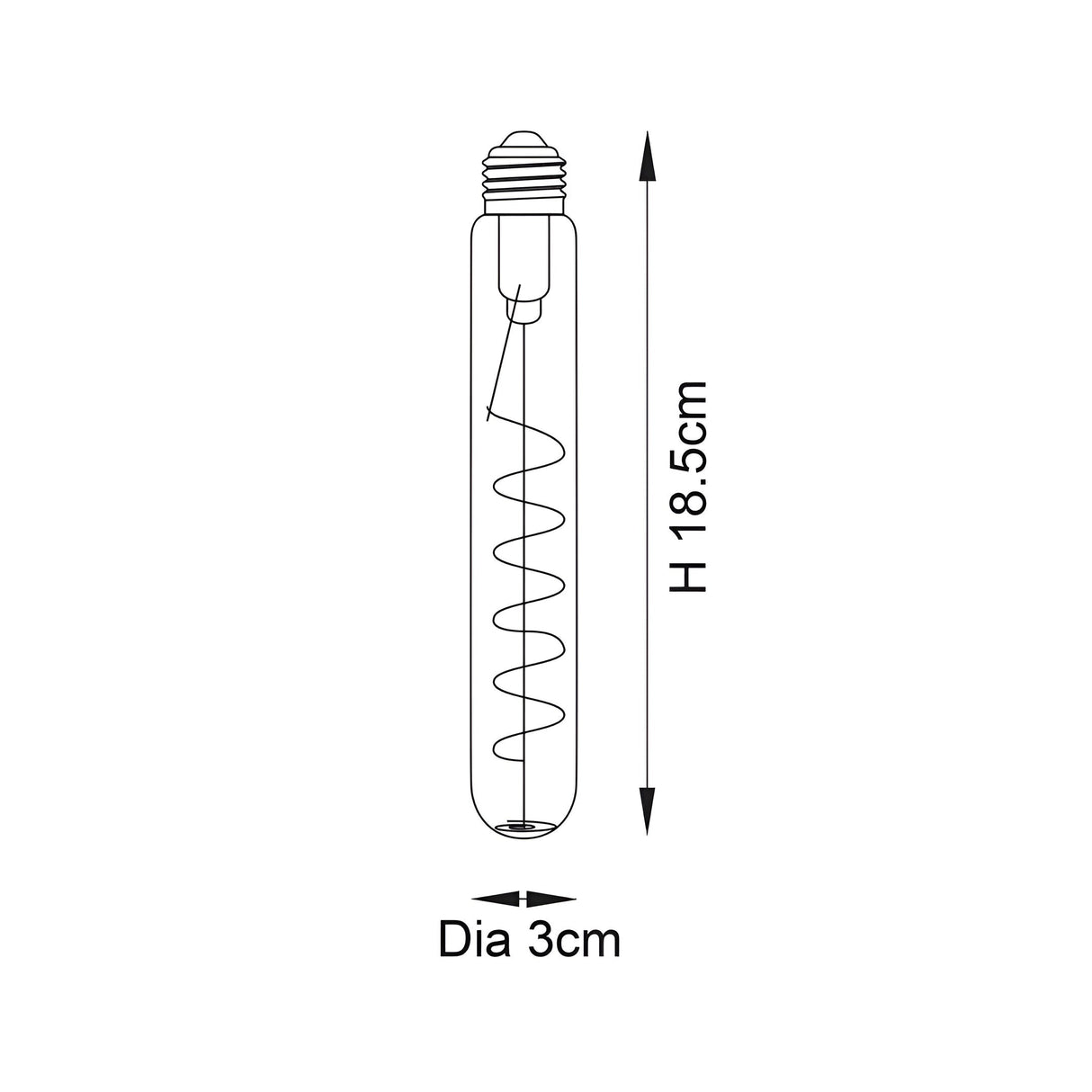 Dimensioned line drawing of the Endon 4W E27 LED filament spiral bulb showing 18.5cm height and 3cm diameter tubular form.