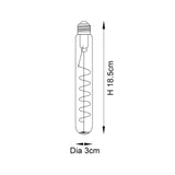 Dimensioned line drawing of the Endon 4W E27 LED filament spiral bulb showing 18.5cm height and 3cm diameter tubular form.