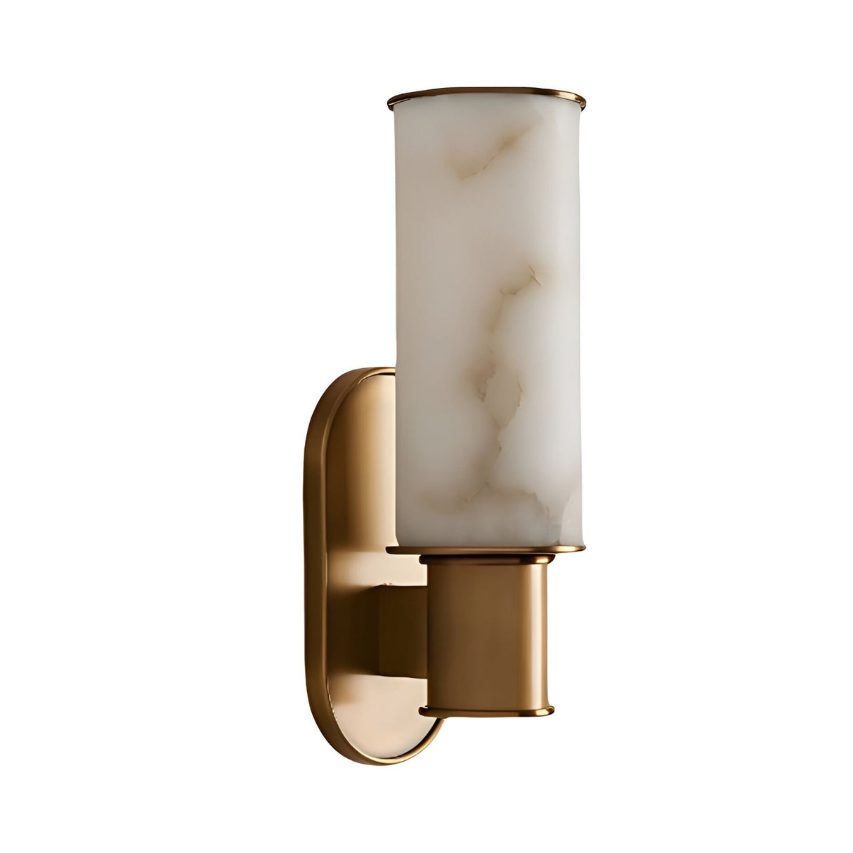 The Lumara 1 Light Tube Alabaster Wall Light features a cylindrical alabaster shade with subtle marbling, mounted on a sleek brushed brass base, offering modern sculptural style in soft white and gold tones.