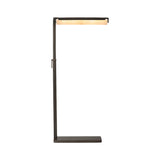 The Linea LED Alabaster Floor Lamp in matte black features a minimalist design with a rectangular base and an L-shaped arm holding a horizontal illuminated light bar at the top.