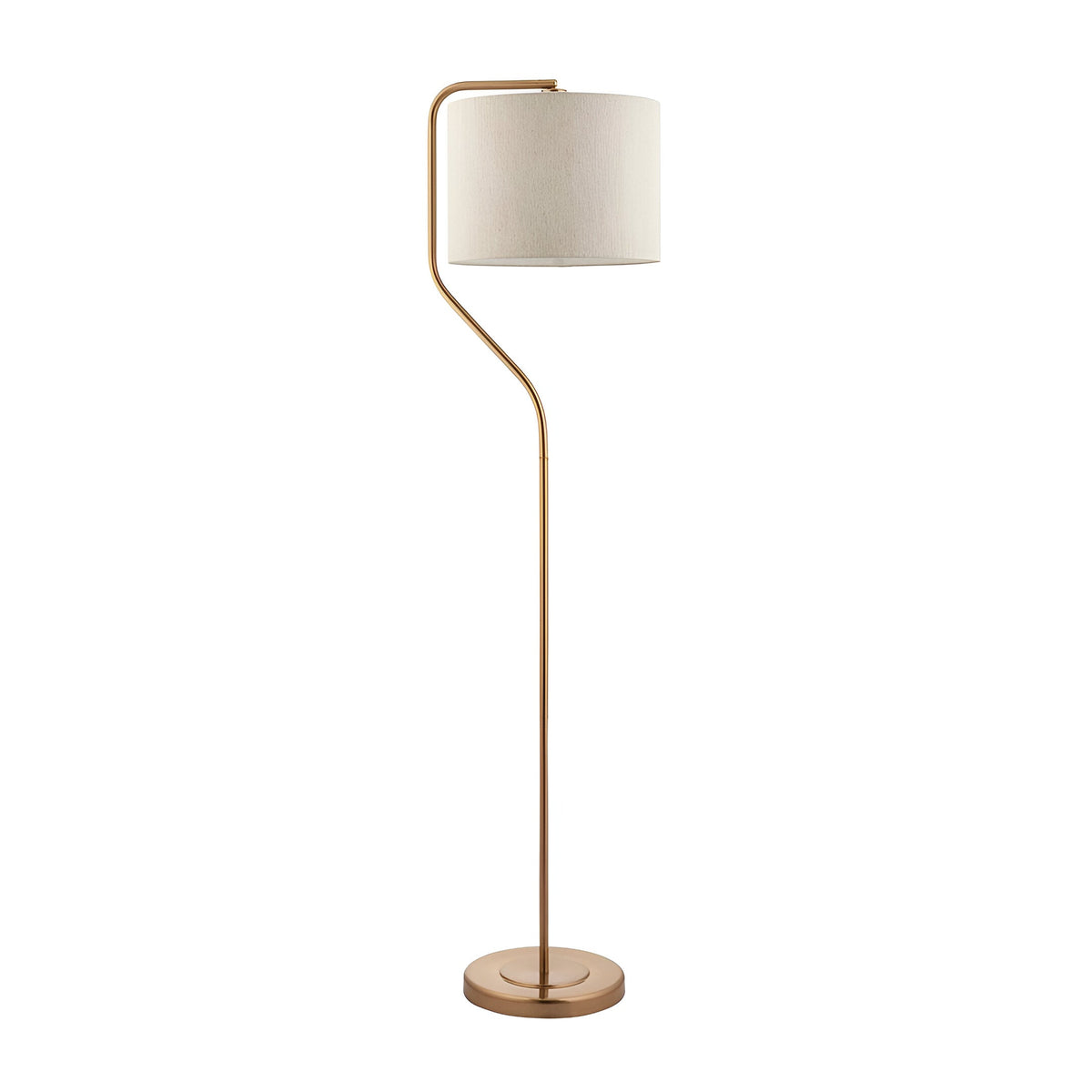 Bevmere Floor Lamp in aged brass with a curved metal stem, round base, and cream fabric drum shade, shown on a plain white background.