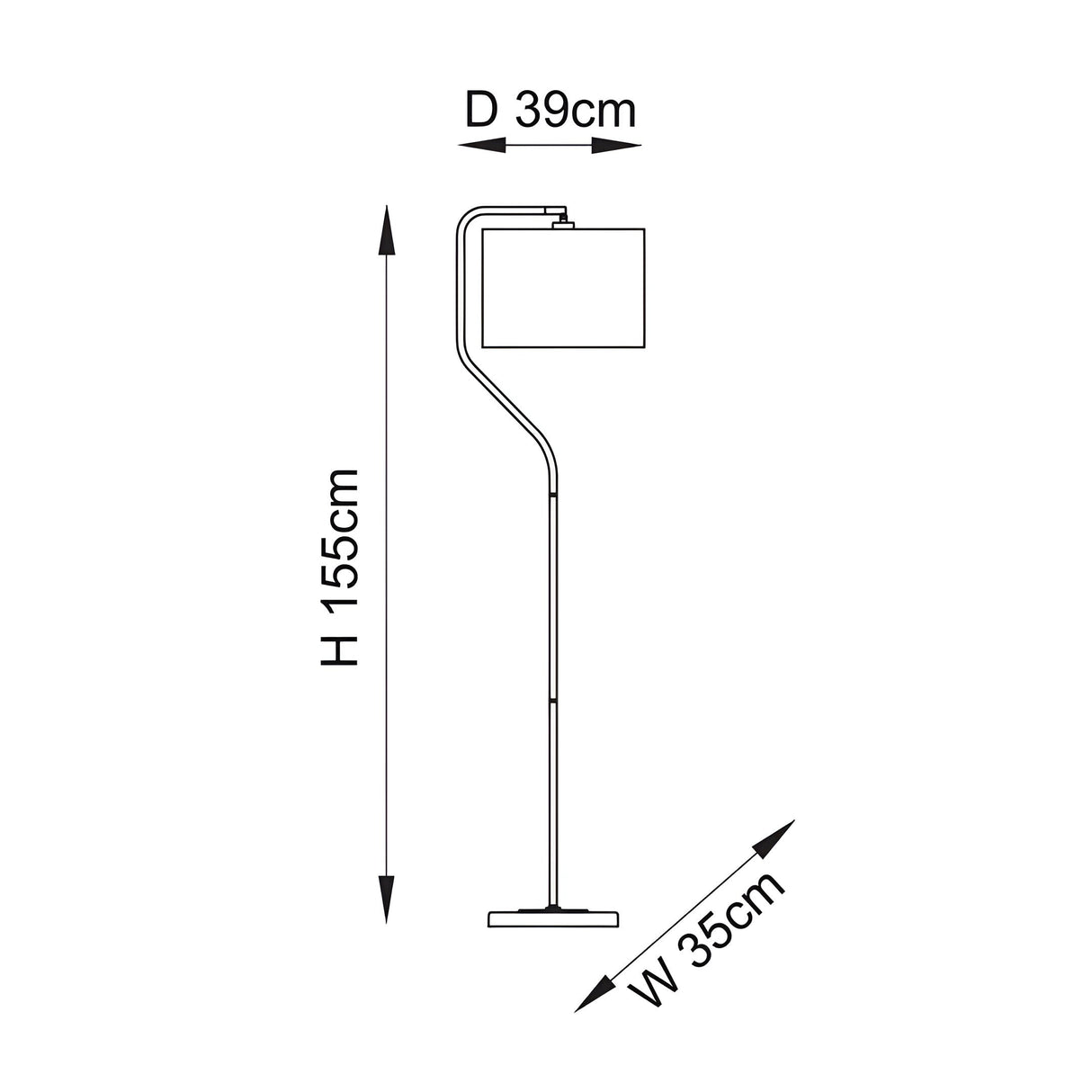 Line drawing of the Bevmere Floor Lamp in aged brass showing a curved stem, square fabric shade and round base, with dimensions H155cm, D39cm, W35cm.